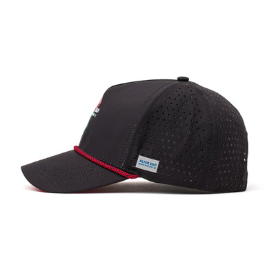 Side view of a black hat featuring a red rose logo, red accents on the brim, and lightweight construction for active lifestyles.