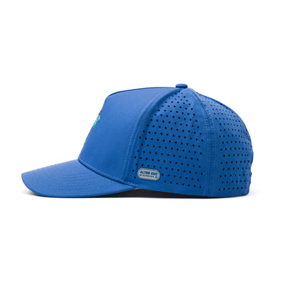 Side view of a blue performance cap featuring a green palm tree logo and perforated panels for enhanced breathability and lightweight comfort.