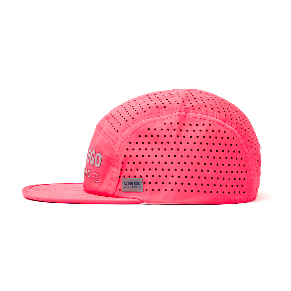 Side view of a neon pink Alter Ego Running perforated running hat with flat brim and lightweight breathable construction.