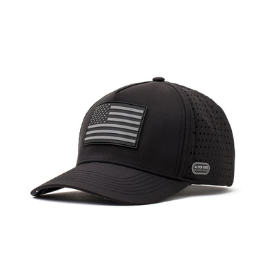 Angled view of a black performance cap showcasing a silver American flag logo and lightweight construction ideal for runners and adventurers.