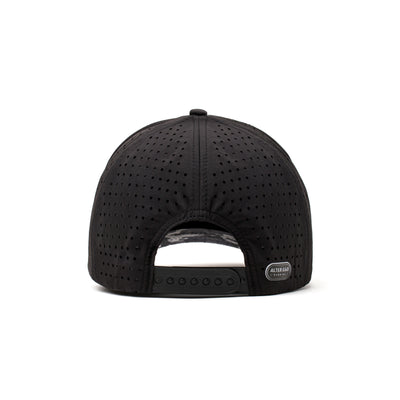 Back view of a black hat with a perforated mesh panel and adjustable strap, ensuring comfort and secure fit during high-performance activities.