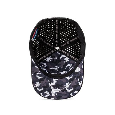 Interior and back view of a black hat with a camo-patterned mesh panel and adjustable strap, offering style and functionality for active lifestyles.