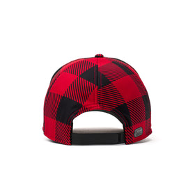 Back view of a red and black plaid hat with an adjustable strap and insulated black mesh panel for secure fit and thermal protection.