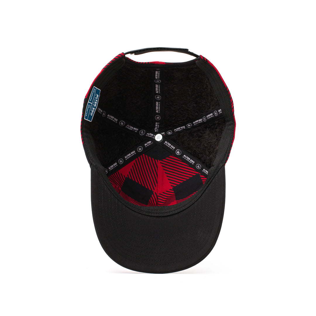 Interior and back view of a buffalo plaid insulated hat with breathable mesh panels and a cozy lining for added warmth during cold weather.