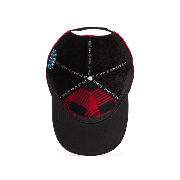 Interior and back view of a buffalo plaid insulated hat with breathable mesh panels and a cozy lining for added warmth during cold weather.