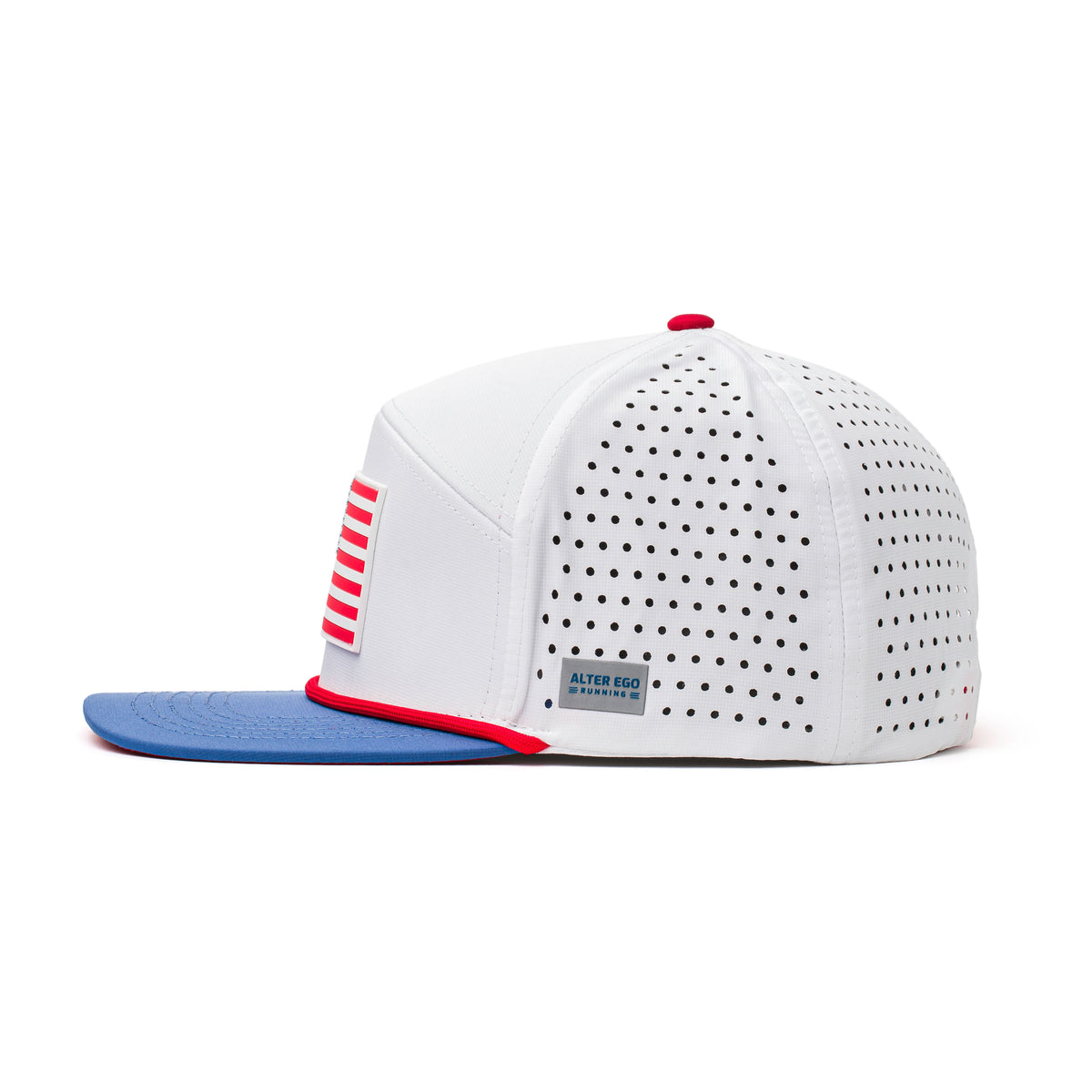 Side view of a white Alter Ego Running perforated hat with red stripe flag patch, blue brim, and red trim detailing.