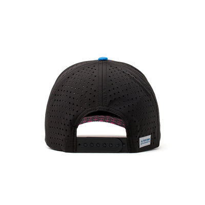 Back view of a black hat with pink honeycomb mesh, adjustable strap, and breathable design for maximum comfort during activities.