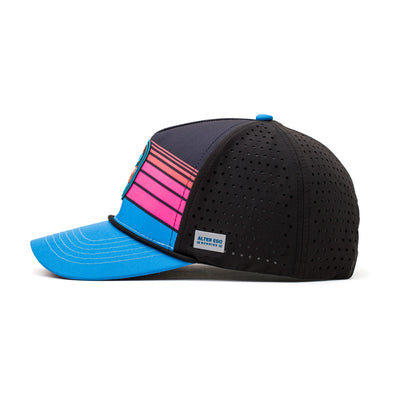 Side view of a black and neon pink performance hat with a blue brim and bold striped design, perfect for running and outdoor activities.