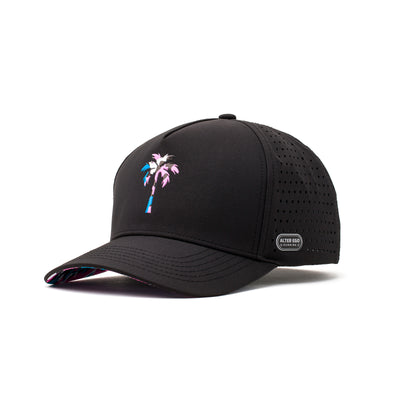 Angled view of a black cap featuring a teal and pink palm tree logo, designed with a curved brim and lightweight fabric for optimal performance.