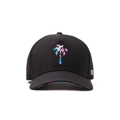 Front view of a black running hat with a bold teal and pink palm tree emblem and sleek design for athletic and everyday use.