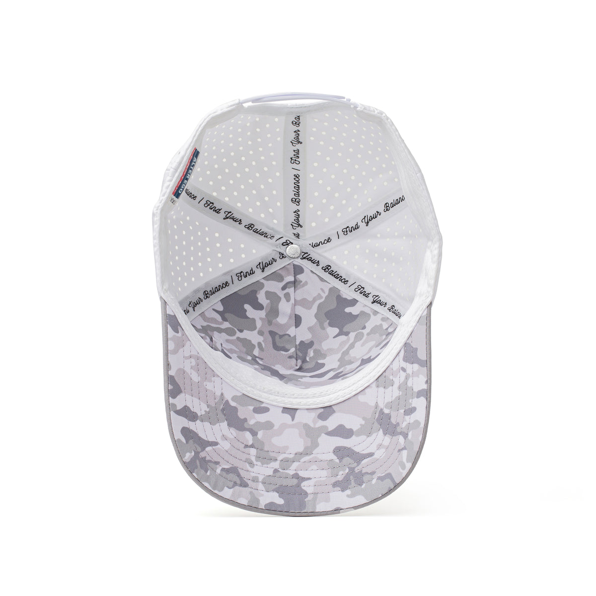 Interior view of the Coaster Splash Glacier White Silver Flag hat showing a grey camouflage underbill, perforated crown construction, moisture-wicking sweatband, and internal seam taping.