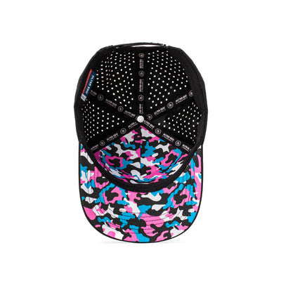 Interior and back view of a black performance hat with a vibrant teal and pink camo-patterned mesh and adjustable strap, combining style with functionality.