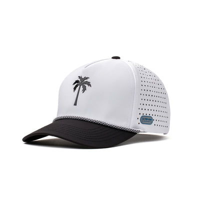 Angled view of a white hat with a black palm tree design, curved brim, and lightweight material for maximum comfort during outdoor activities.