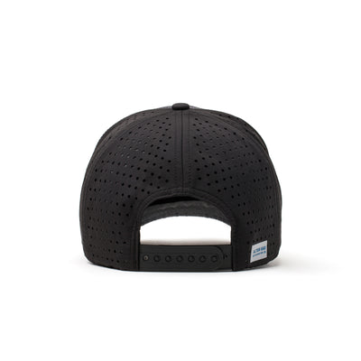 Back view of a black performance hat with a dark camo-patterned mesh panel and adjustable strap, providing ventilation and a secure fit.