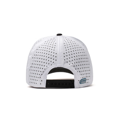 Back view of a white performance hat with perforated mesh panels and an adjustable strap, providing breathability and a secure fit.