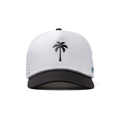 Front view of a white performance cap with a bold black palm tree emblem and structured design, ideal for casual and athletic use.