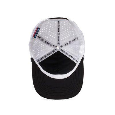 Interior and back view of a white performance cap with a perforated mesh panel, adjustable strap, and sweat-wicking features for active lifestyles