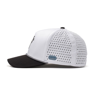 Side view of a white and black performance hat featuring a black palm tree logo and curved brim, offering lightweight comfort and sweat-wicking fabric.