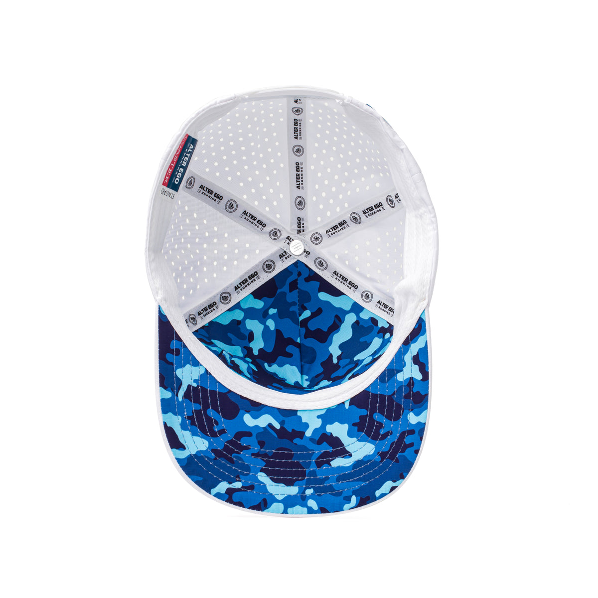 Interior view of a white Alter Ego Running hat showing blue camo brim lining, perforated crown panels, and moisture-wicking sweatband.