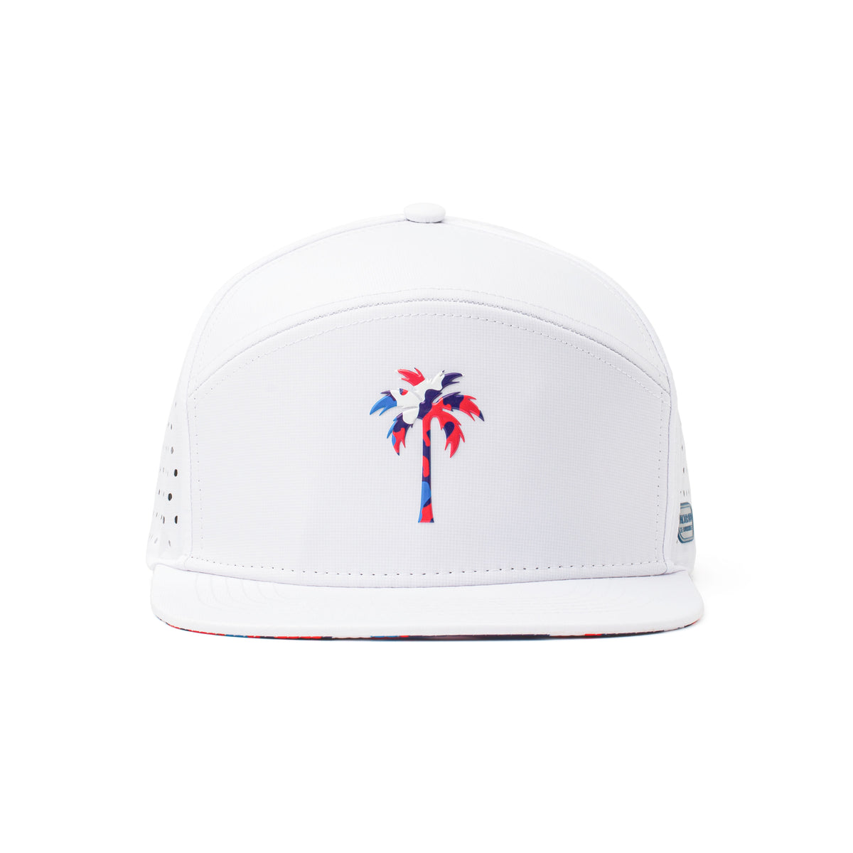 Front view of a white Alter Ego Running performance hat with red, white, and blue palm tree logo and perforated panels.