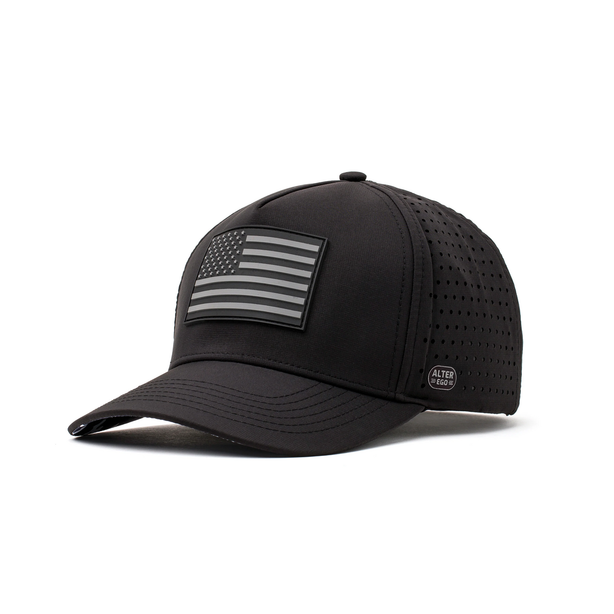 Three-quarter view of a black Alter Ego Running performance hat with tonal American flag patch and perforated side panels