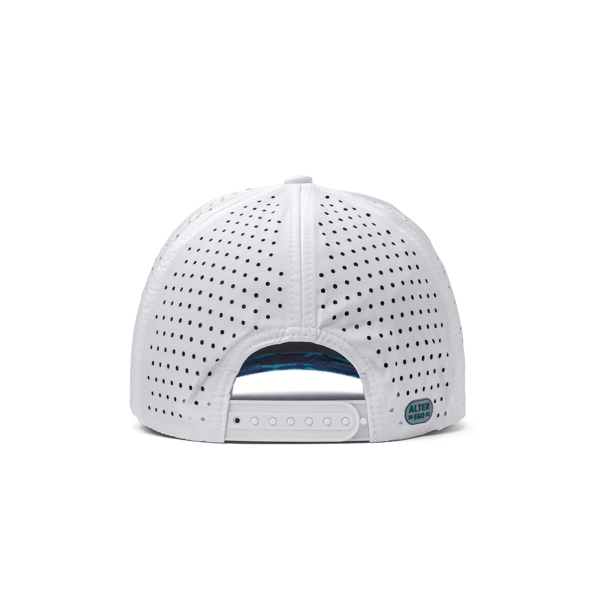 Back view of a white Alter Ego Running perforated performance hat with an adjustable snapback strap and breathable side panels.