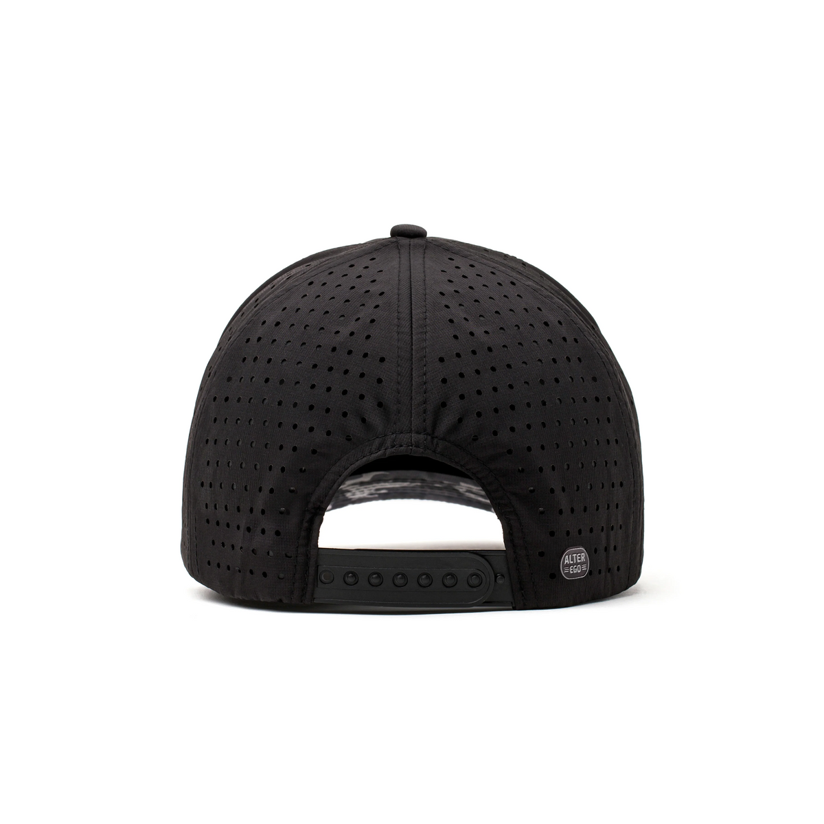 Back view of a black Alter Ego Running perforated performance hat with adjustable snapback strap and camo underside.