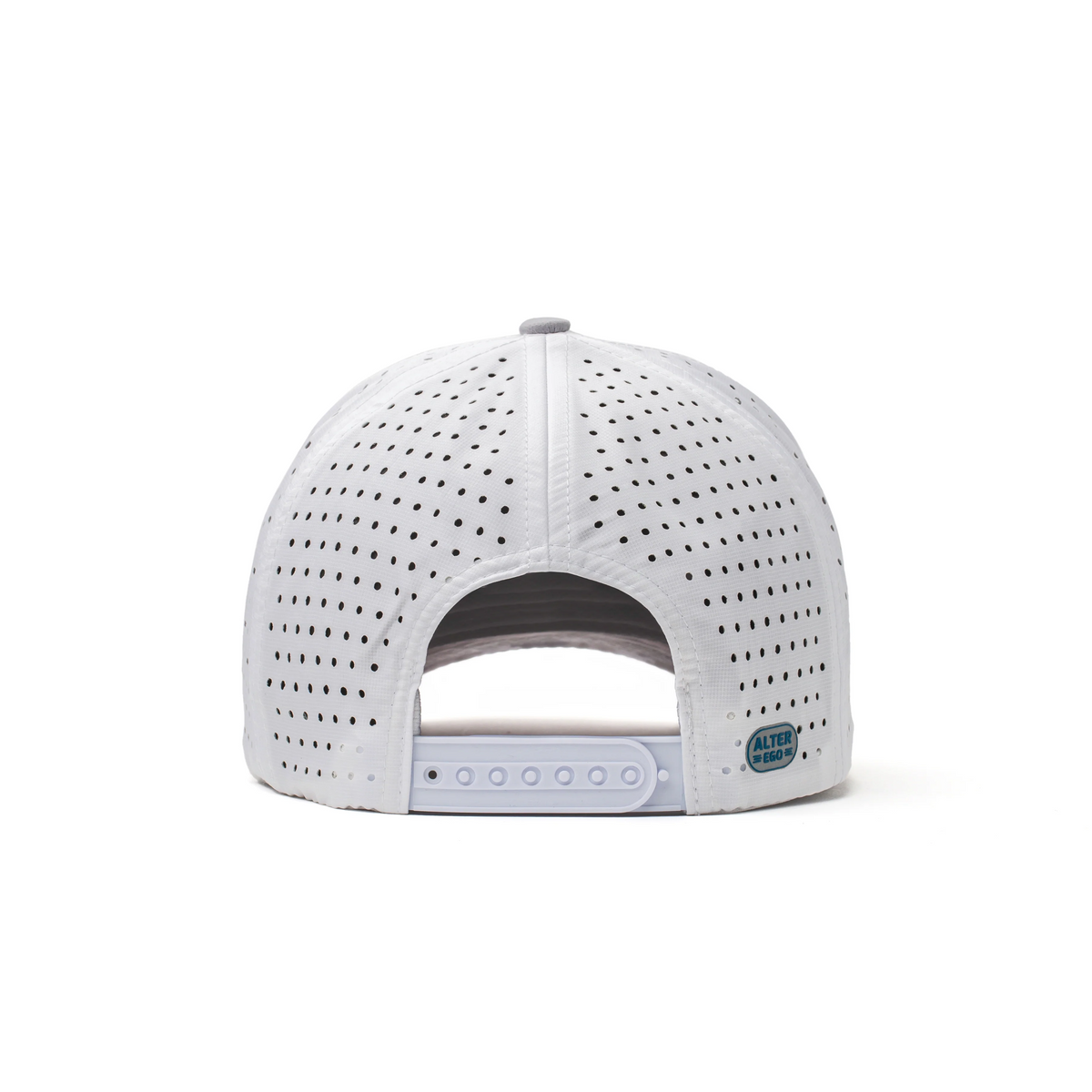 Rear view of the Glacier White Coaster Splash hat showing the snapback closure, laser-cut ventilation, and rear crown construction.