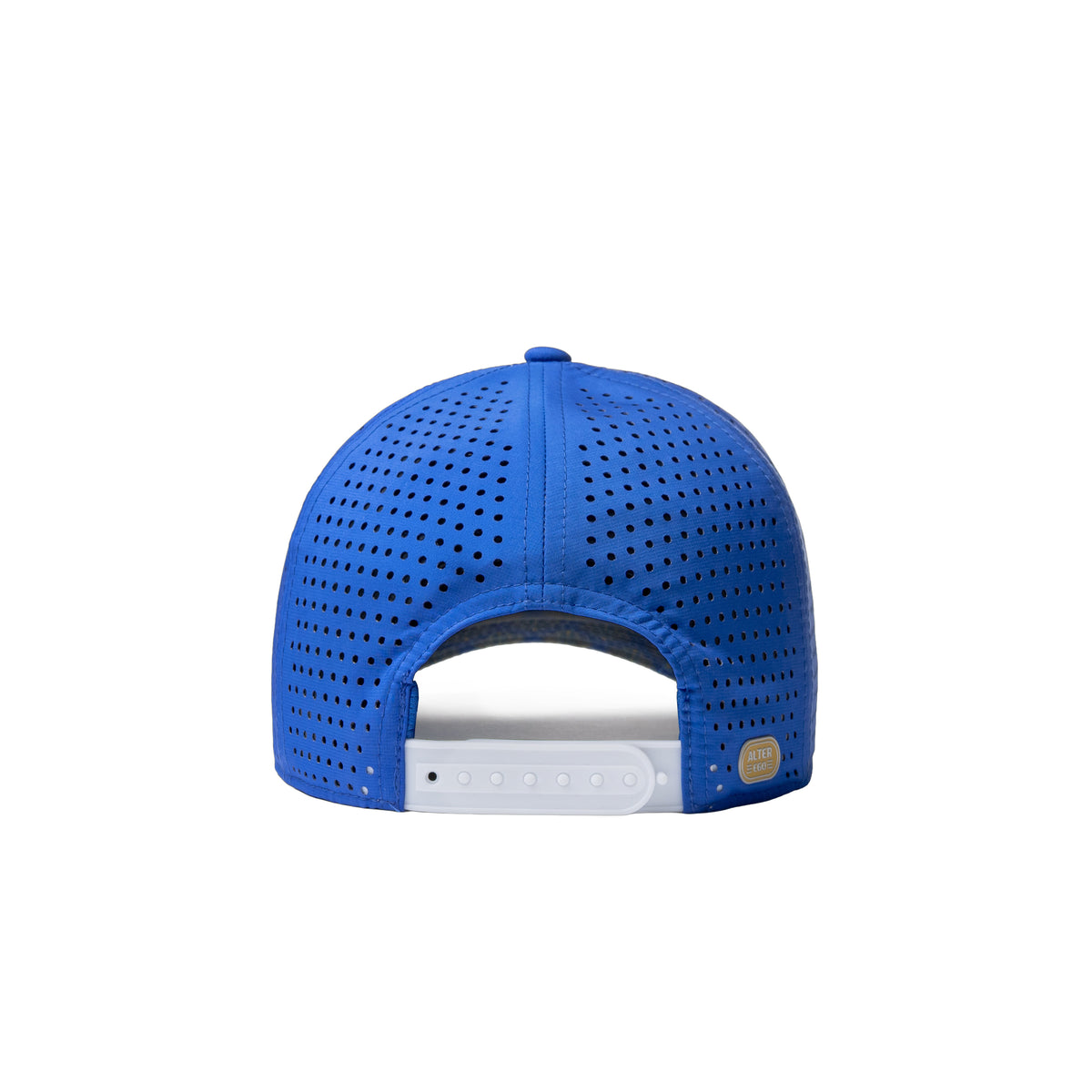Alter Ego royal blue Coaster Splash Royal Blue running hat with perforated panels, adjustable snapback closure, and reflective Alter Ego logo detail, shown from the back view.