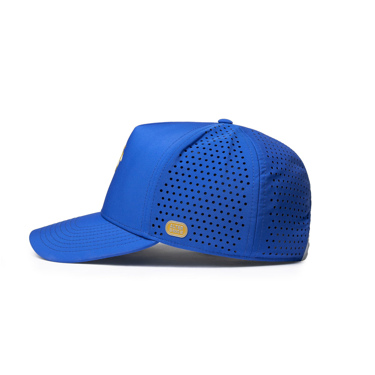 Alter Ego royal blue Coaster Splash Royal Blue running hat with laser-cut side panels and reflective Alter Ego logo detail, shown from a side view.