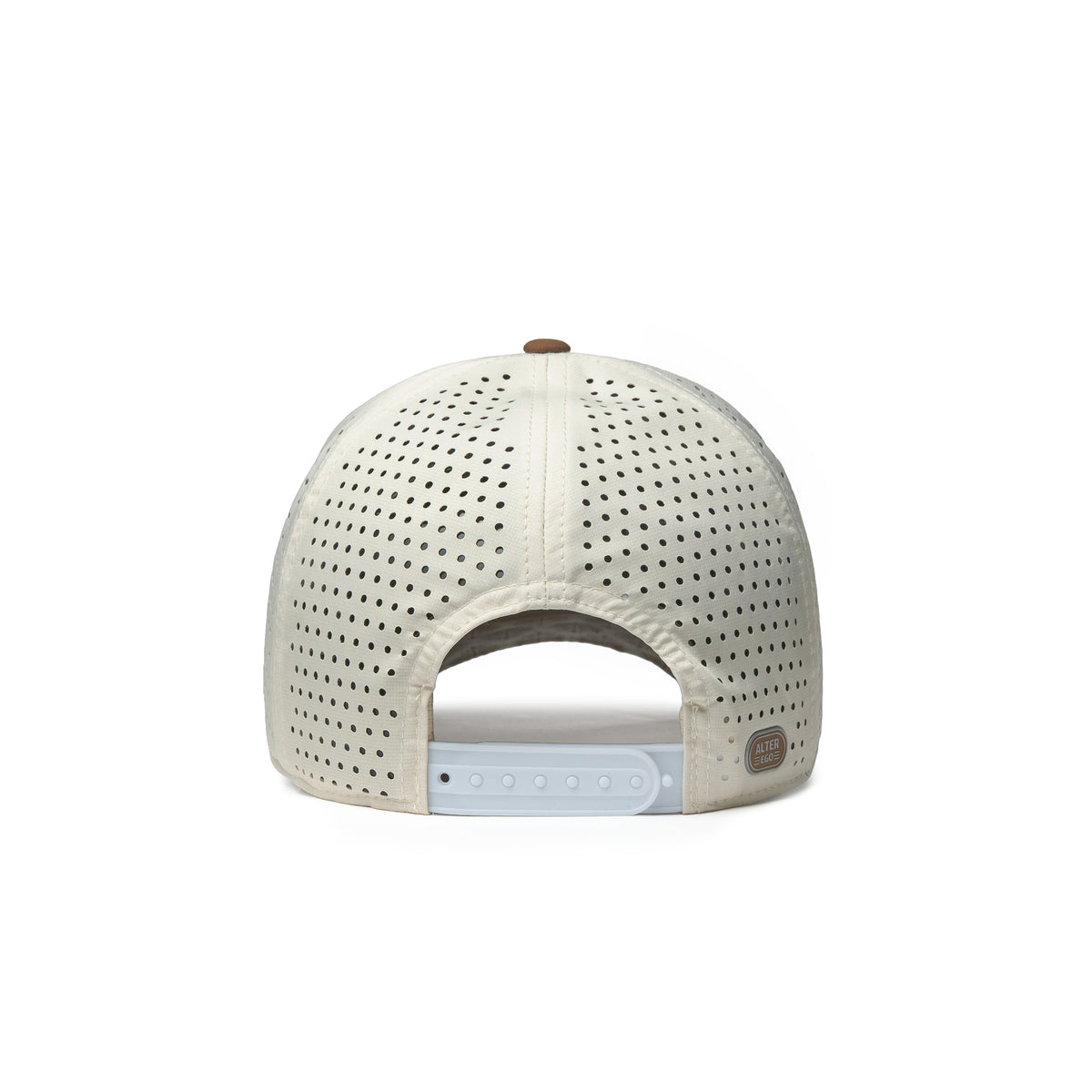 Alter Ego cream and cognac Coaster Splash Royal Cognac running hat with perforated panels, adjustable snapback closure, and reflective Alter Ego logo detail, shown from the back view.