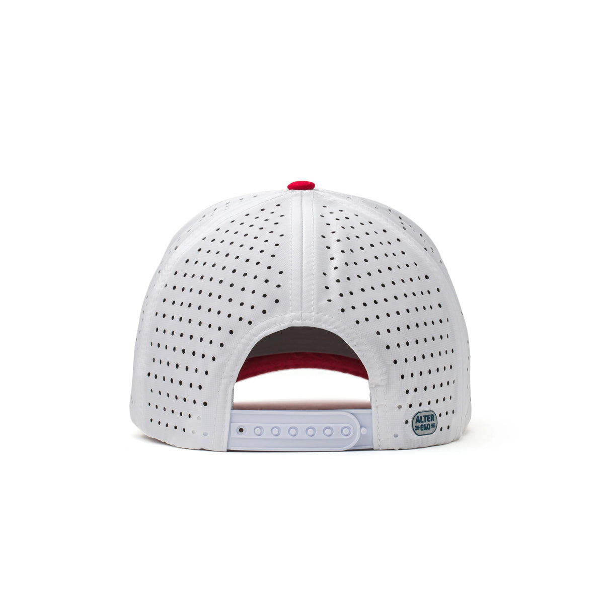 Back view of the Coaster Splash White USA Flag performance hat with laser-cut perforated rear panels, adjustable snapback closure, and structured white crown.