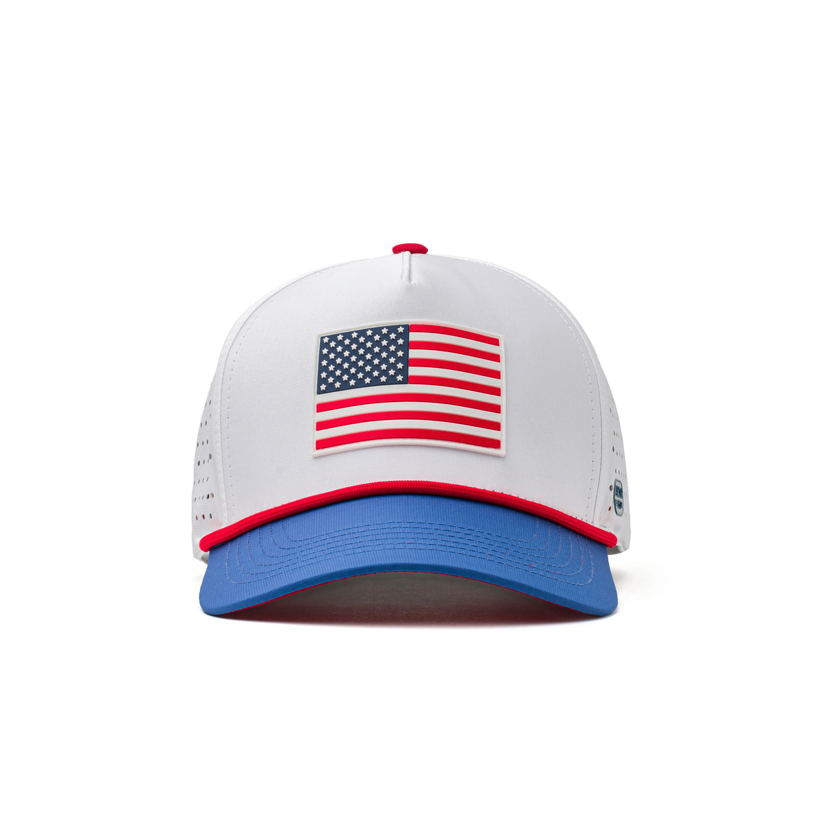 Front view of the Coaster Splash White USA Flag performance hat featuring a raised red, white, and blue American flag patch, blue curved brim, and structured white crown.