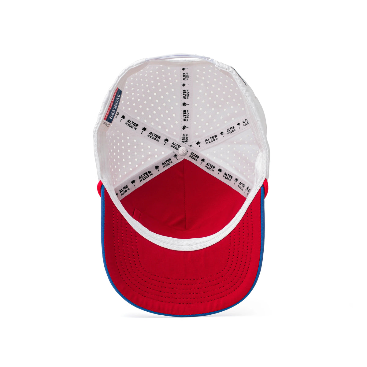 Interior view of the Coaster Splash White USA Flag hat showing a red underbill, perforated crown construction, internal seam taping, and moisture-wicking sweatband.