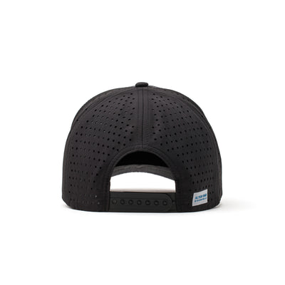 Back view of a black performance hat with a dark camo-patterned mesh panel and an adjustable strap, offering ventilation and a secure fit.