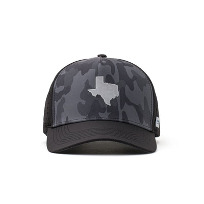 Front view of a black hat with a bold Texas state patch, dark camo design, and sweat-wicking material for outdoor and athletic performance.