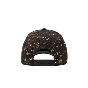 Alter Ego Coaster Splash Dark Splatter hat shown from the back, featuring a black base with orange and white splatter detailing, laser cut ventilation panels, adjustable snapback closure, and reflective Alter Ego logo patch.