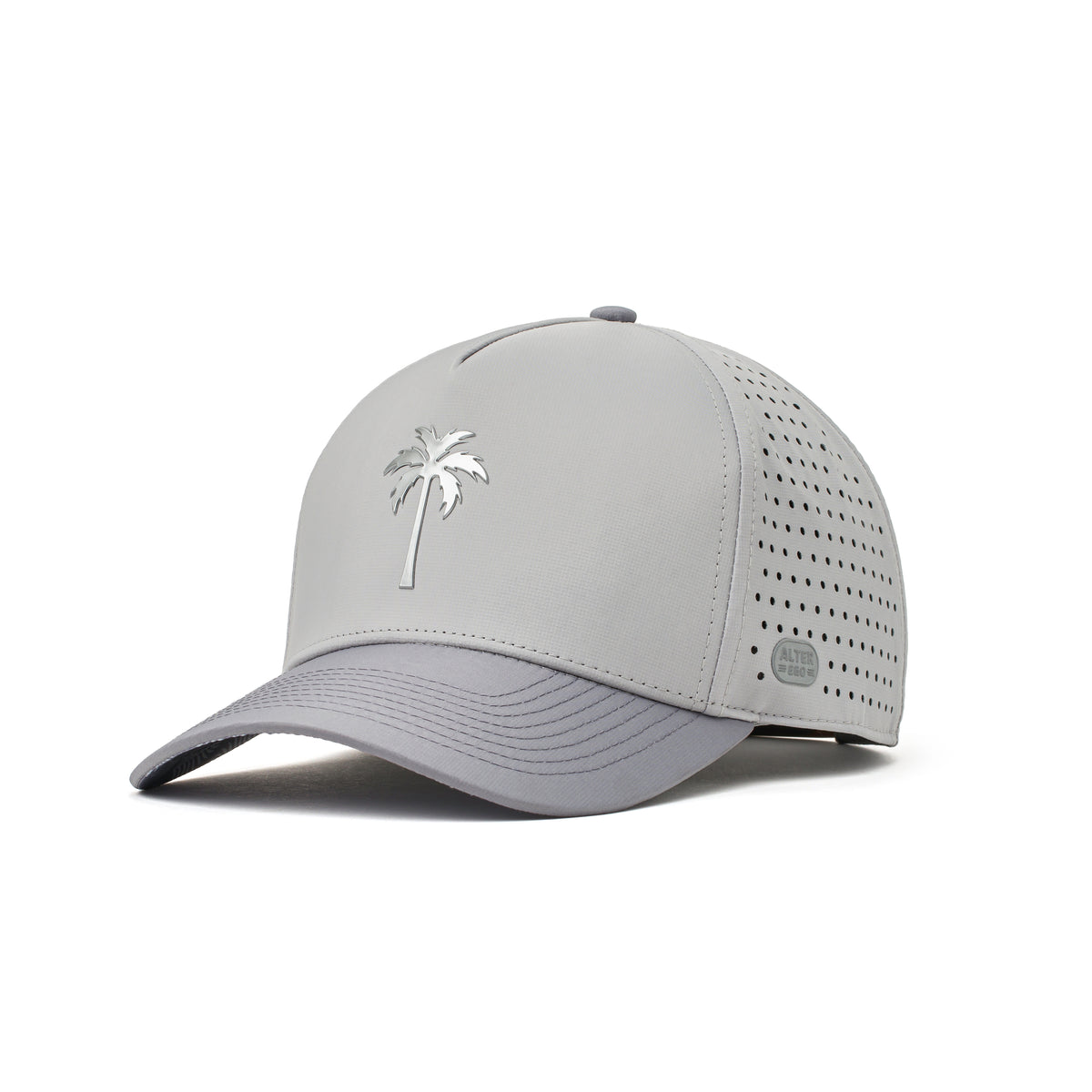 Alter Ego light gray Coaster Splash Royal Chrome running hat with palm tree logo and perforated side panels, shown from a three-quarter front view.
