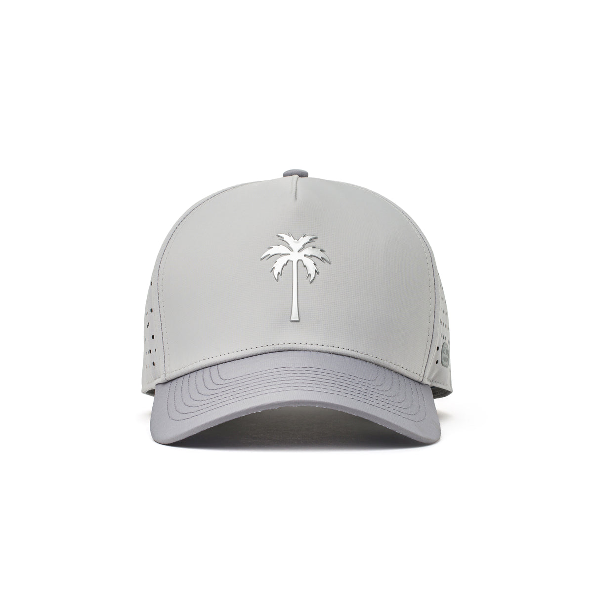 Alter Ego light gray Coaster Splash Royal Chrome running hat with perforated side panels, palm tree logo, and matching underbill, shown from the front view.