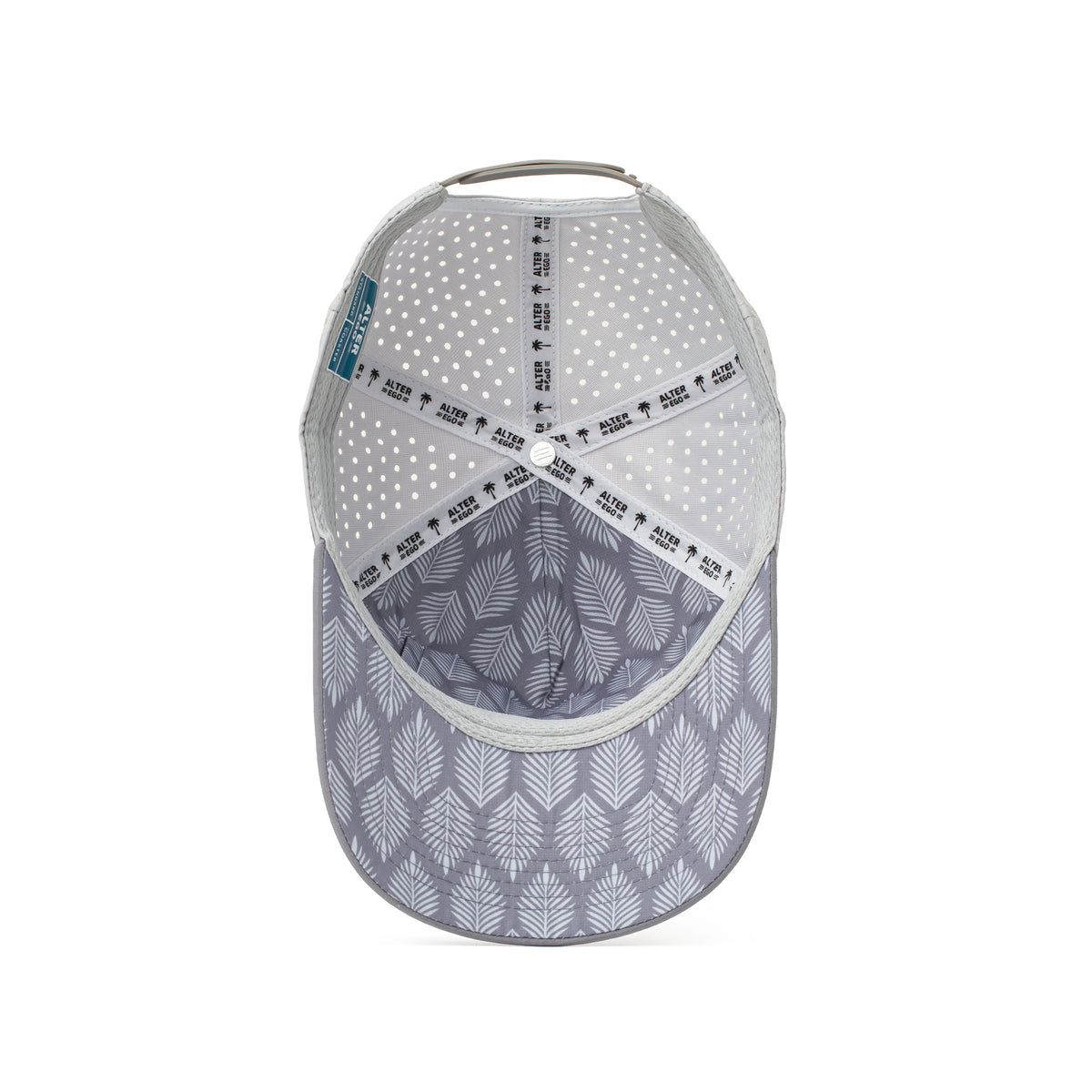 Alter Ego light gray Coaster Splash Royal Chrome running hat with perforated panels and patterned palm leaf underbill, shown from the interior view.