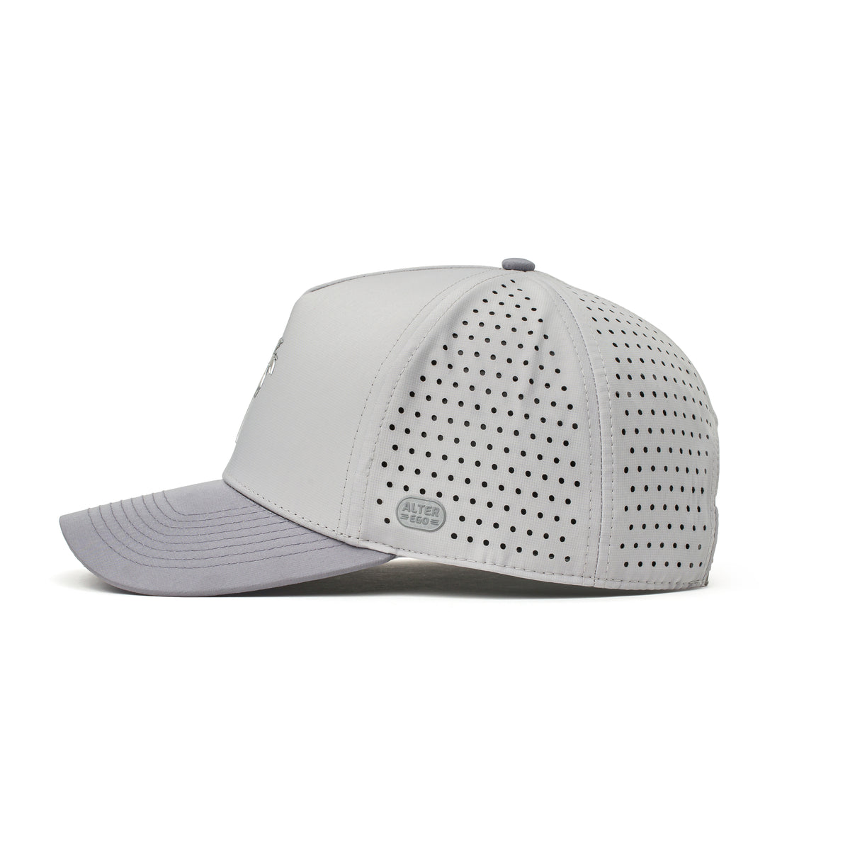 Alter Ego light gray Coaster Splash Royal Chrome running hat with perforated side panels and matching underbill, shown from a side view.