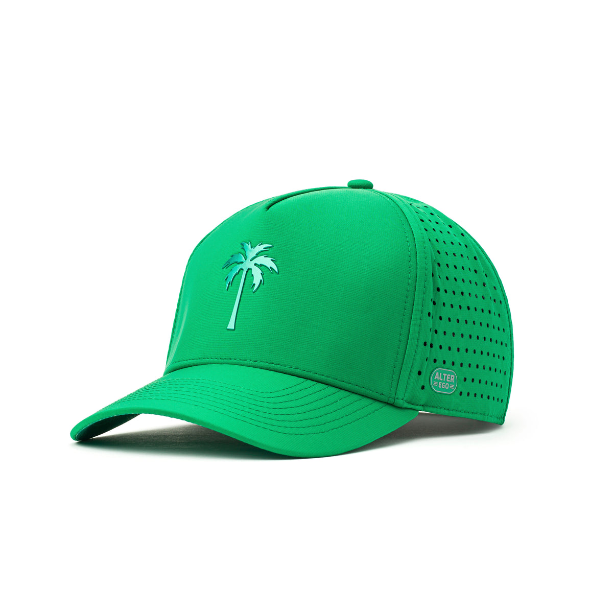 Alter Ego emerald green Coaster Splash Royal Emerald running hat with palm tree logo, perforated side panels, and reflective Alter Ego logo detail, shown from a three-quarter front view.