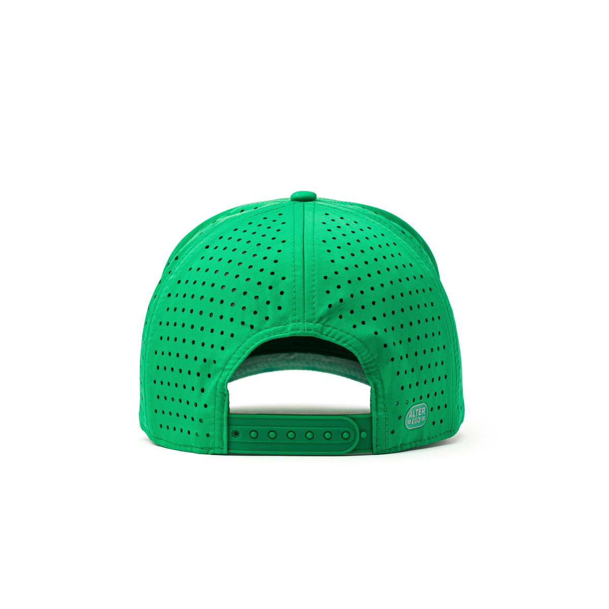 Alter Ego emerald green Coaster Splash Royal Emerald running hat with perforated panels, adjustable snapback closure, and reflective Alter Ego logo detail, shown from the back view.
