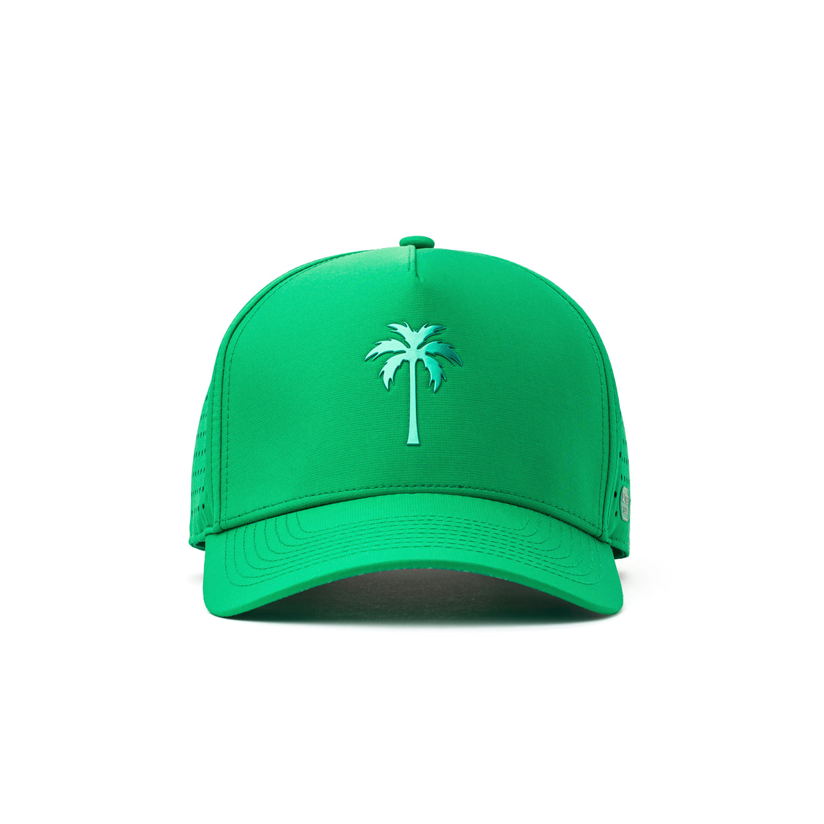 Alter Ego emerald green Coaster Splash Royal Emerald running hat with palm tree logo, shown from the front view.