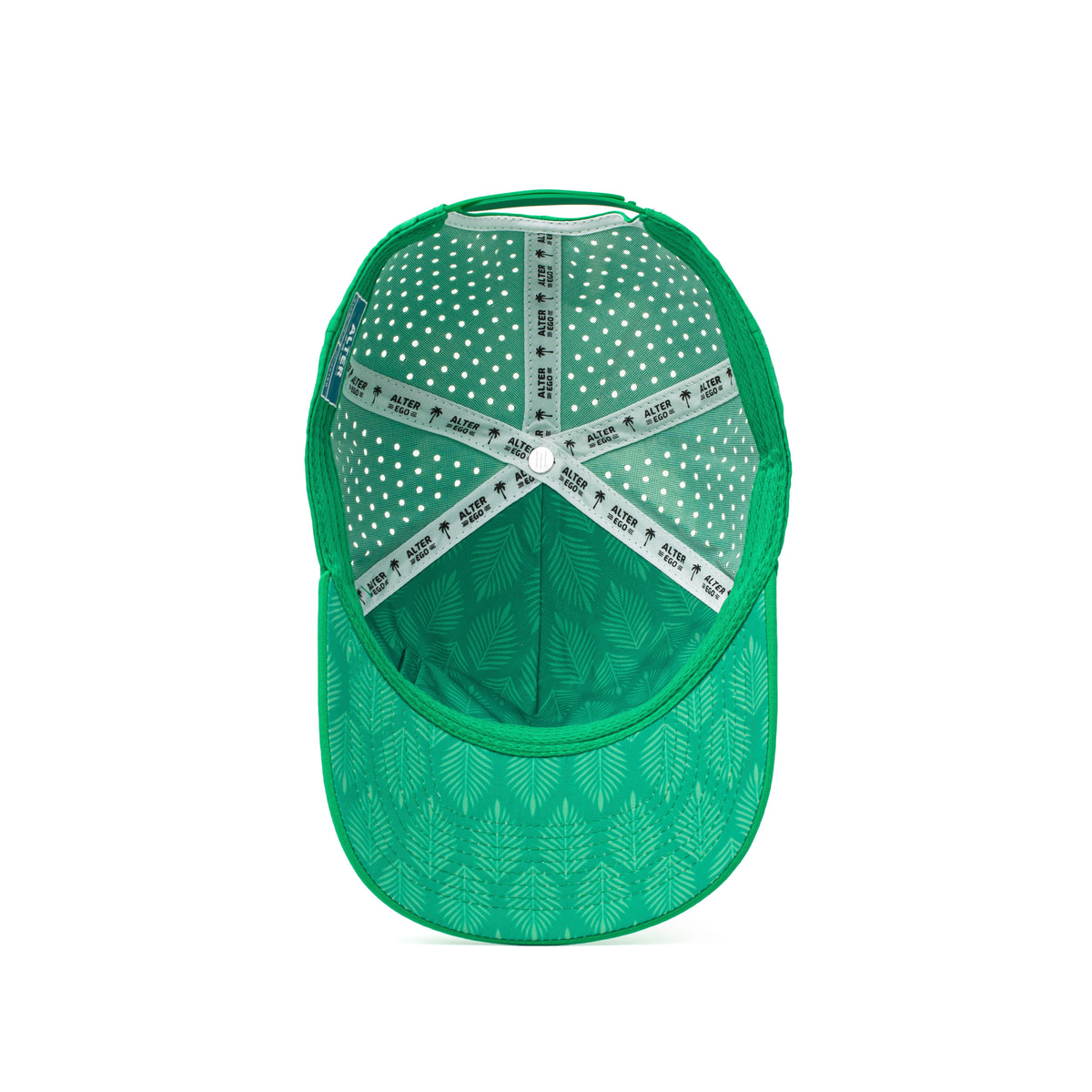 Alter Ego emerald green Coaster Splash Royal Emerald running hat with laser-cut panels and patterned palm leaf interior, shown from the interior view.