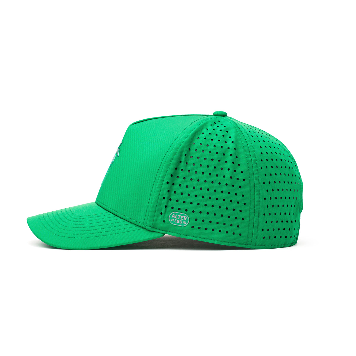 Alter Ego emerald green Coaster Splash Royal Emerald running hat with perforated side panels and reflective Alter Ego logo detail, shown from a side view.