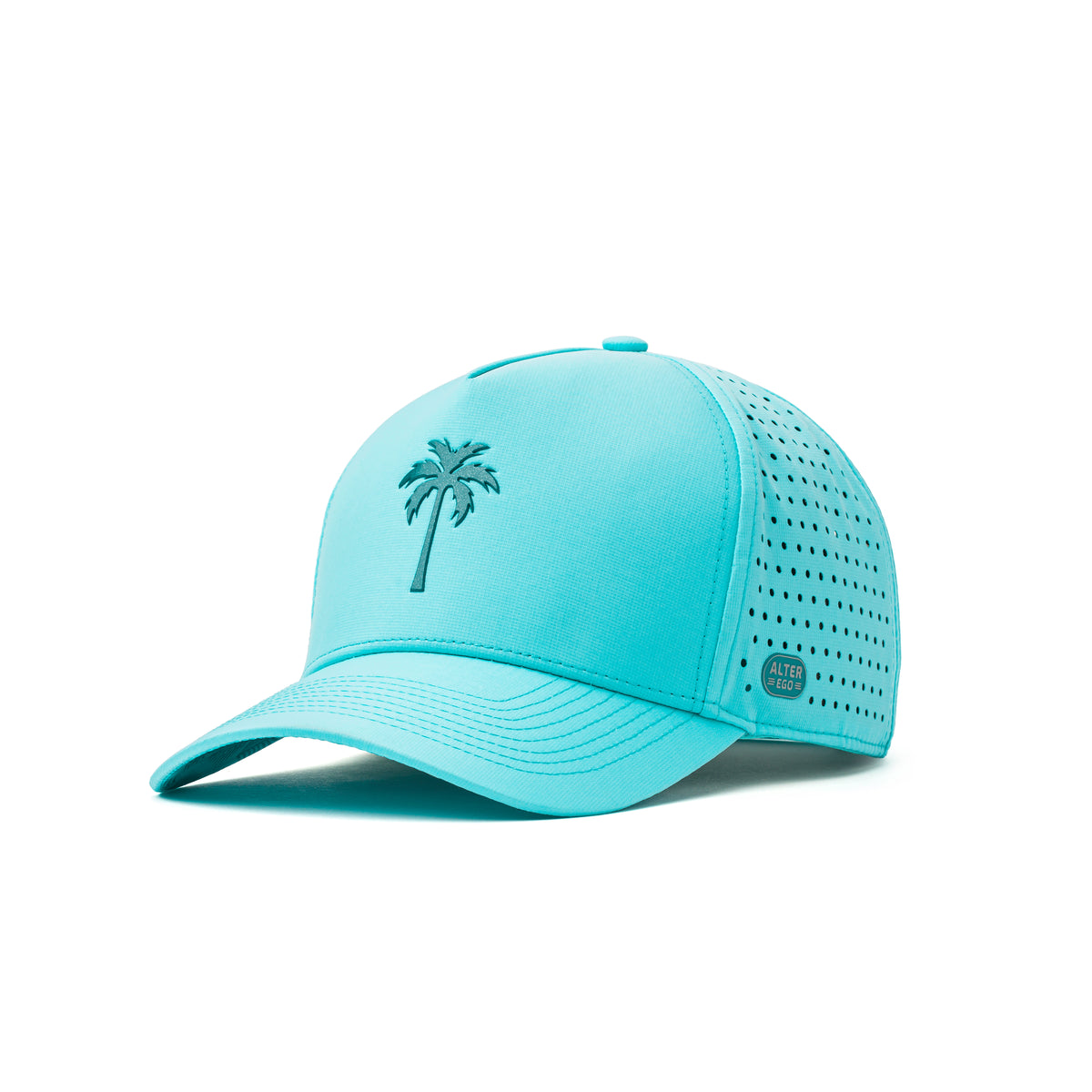 Alter Ego aquamarine Coaster Splash Royal Aquamarine running hat with palm tree logo and perforated side panels, shown from a three-quarter front view.
