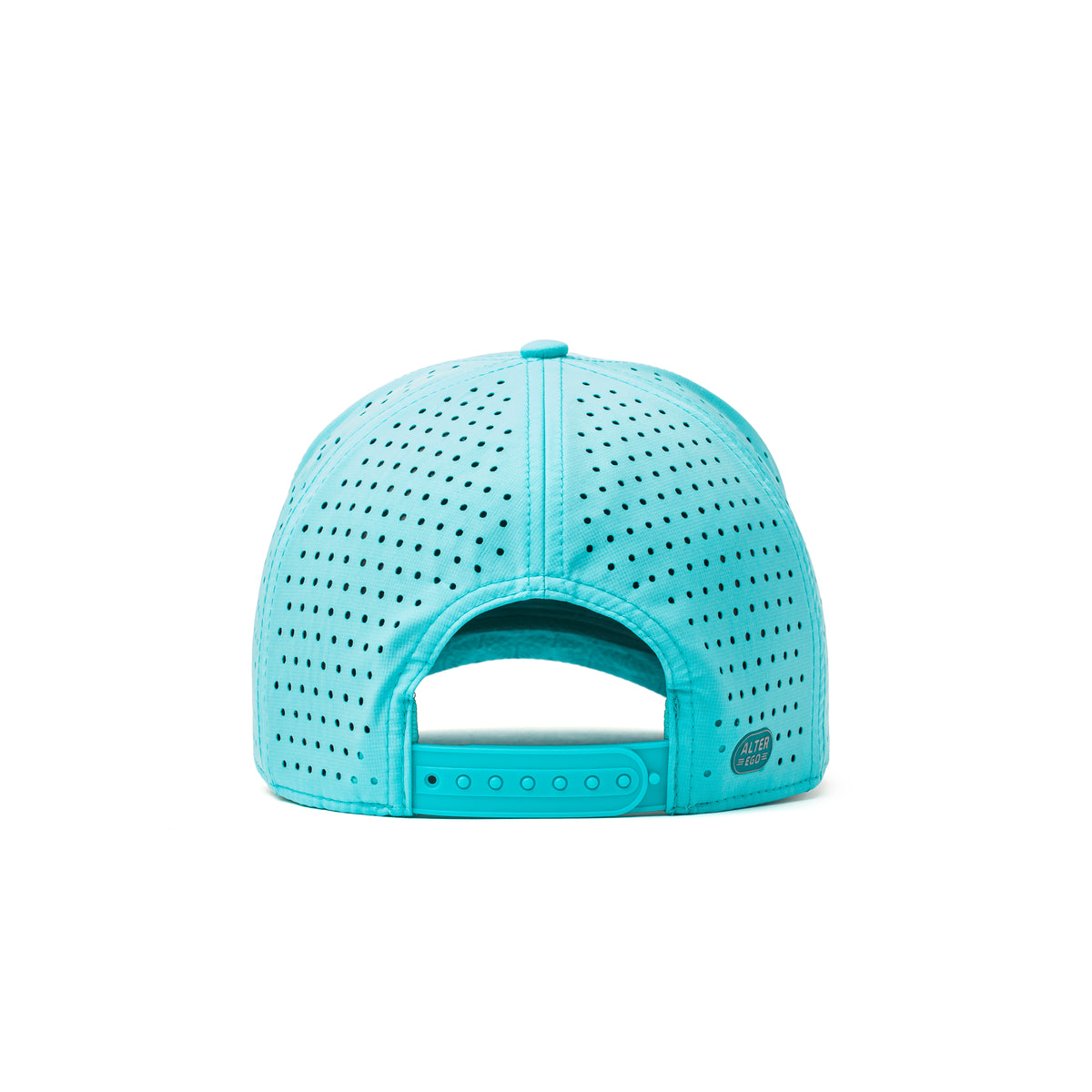 Alter Ego aquamarine Coaster Splash Royal Aquamarine running hat with perforated panels, adjustable snapback closure, and reflective Alter Ego logo detail, shown from the back view.