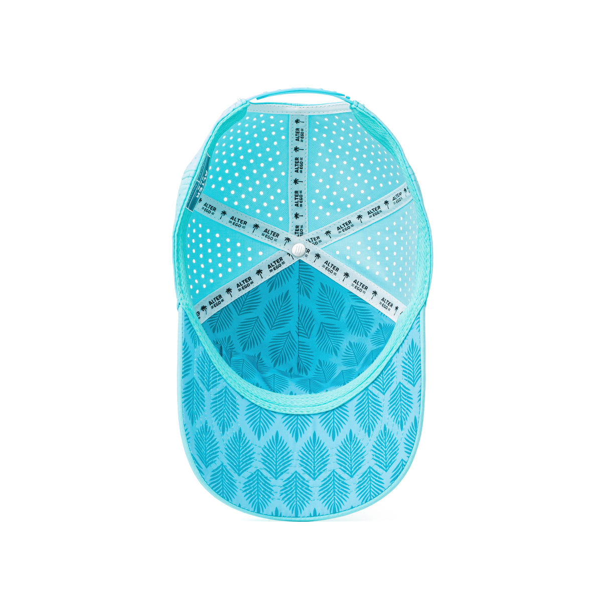 Alter Ego aquamarine Coaster Splash Royal Aquamarine running hat with perforated panels and patterned palm leaf interior, shown from the interior view.