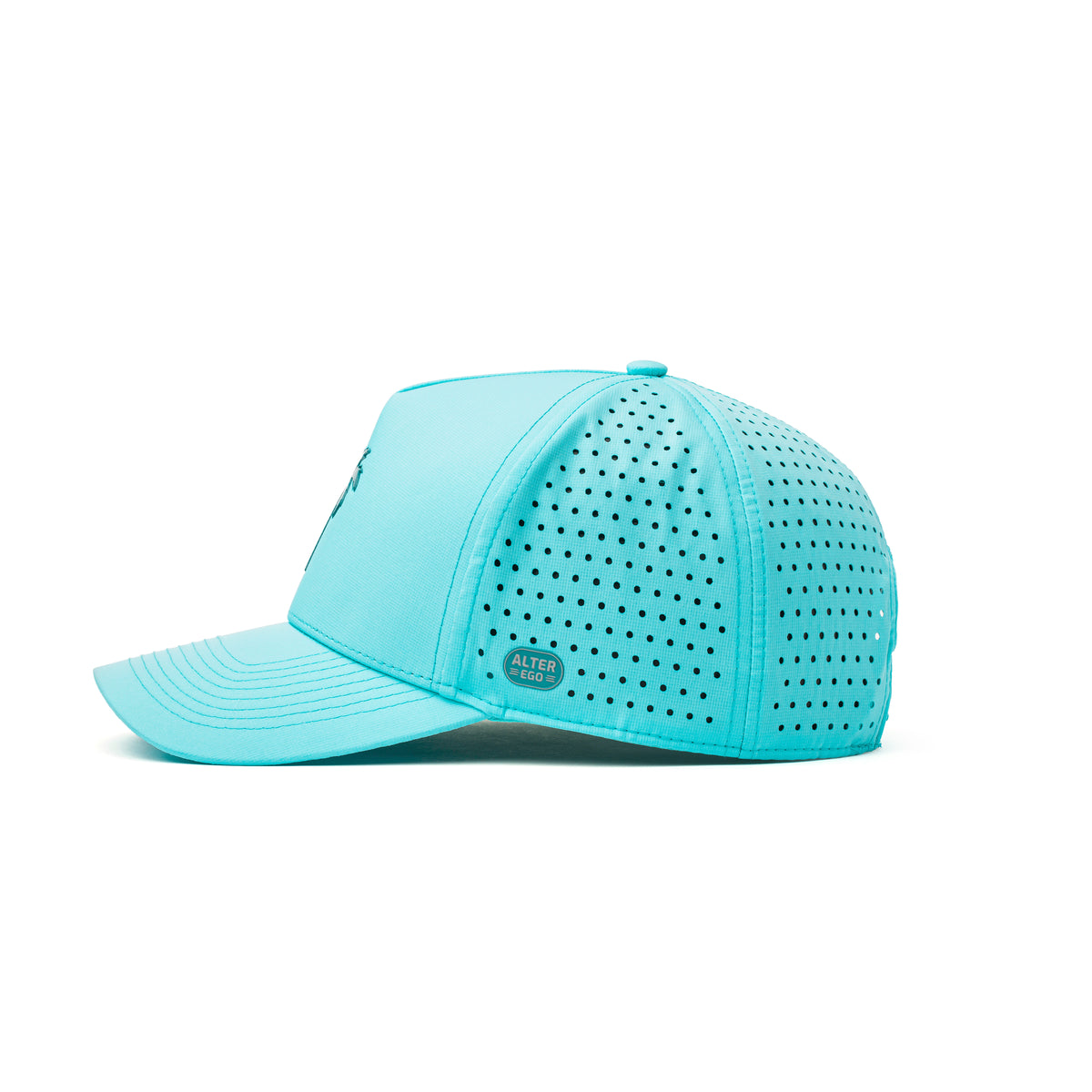 Alter Ego aquamarine Coaster Splash Royal Aquamarine running hat with perforated side panels and reflective Alter Ego logo detail, shown from a side view.